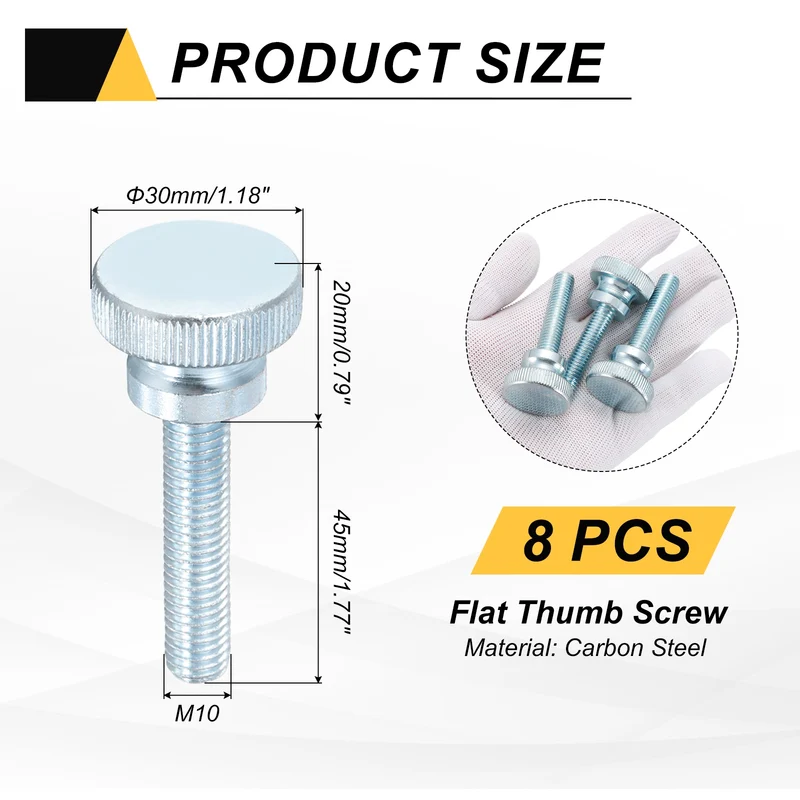 8 Pcs M10x45mm Zinc Plated Flat Knurled Fully Threaded Thumb Screws