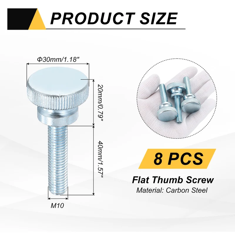 8 Pcs M10x40mm Zinc Plated Flat Knurled Fully Threaded Thumb Screws