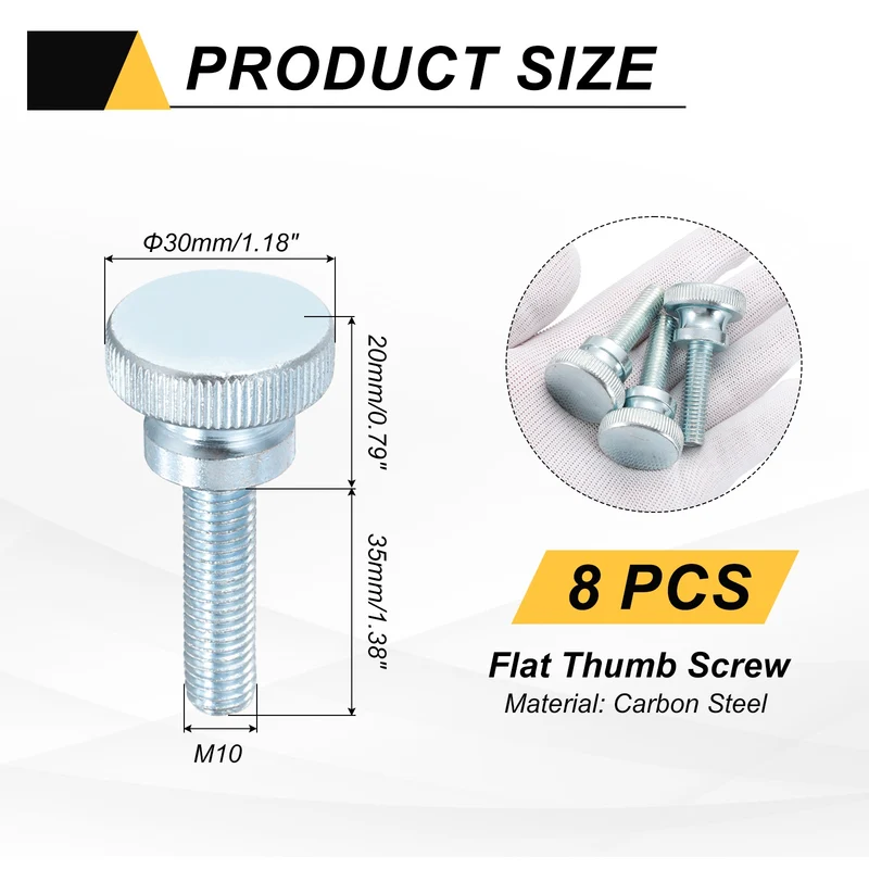 8 Pcs M10x35mm Zinc Plated Flat Knurled Fully Threaded Thumb Screws