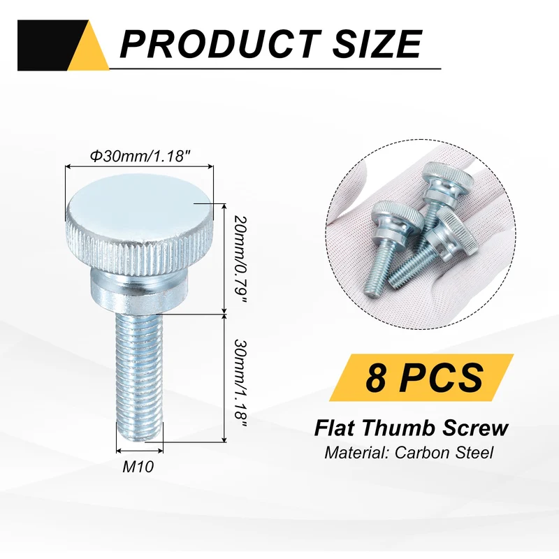 8 Pcs M10x30mm Zinc Plated Flat Knurled Fully Threaded Thumb Screws