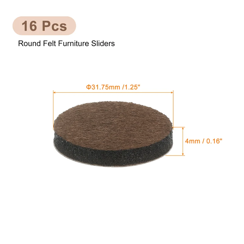 Furniture Sliders, 16Pcs 1.25" - Self Adhesive Felt Furniture Pads (Brown)
