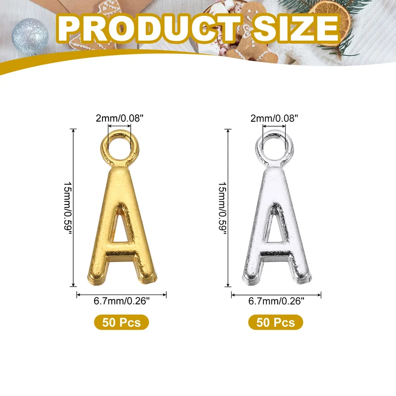 0.3" Letter Charm A-Z for Jewelry Making - A (100 Pack, Dark Silver/Gold)
