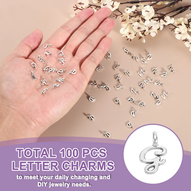 100Pcs A-Z Alphabet Charm, Metal Alphabet g Letter Charm Initial Charm, Silver