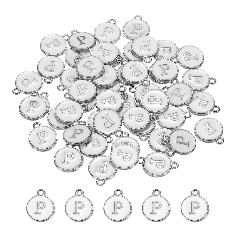 Alphabet P Enamel Letter Charm Jewelry Charm Enamel Initial Charm White Pendant Charm for Jewelry Making, Bracelet, Craft, Pack of 50