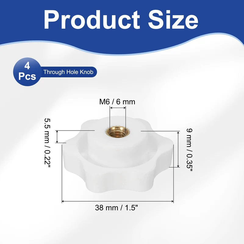 M6 x 38mm Thread Star Knobs, 4 Pcs Knurled Clamping Knob Handle, White