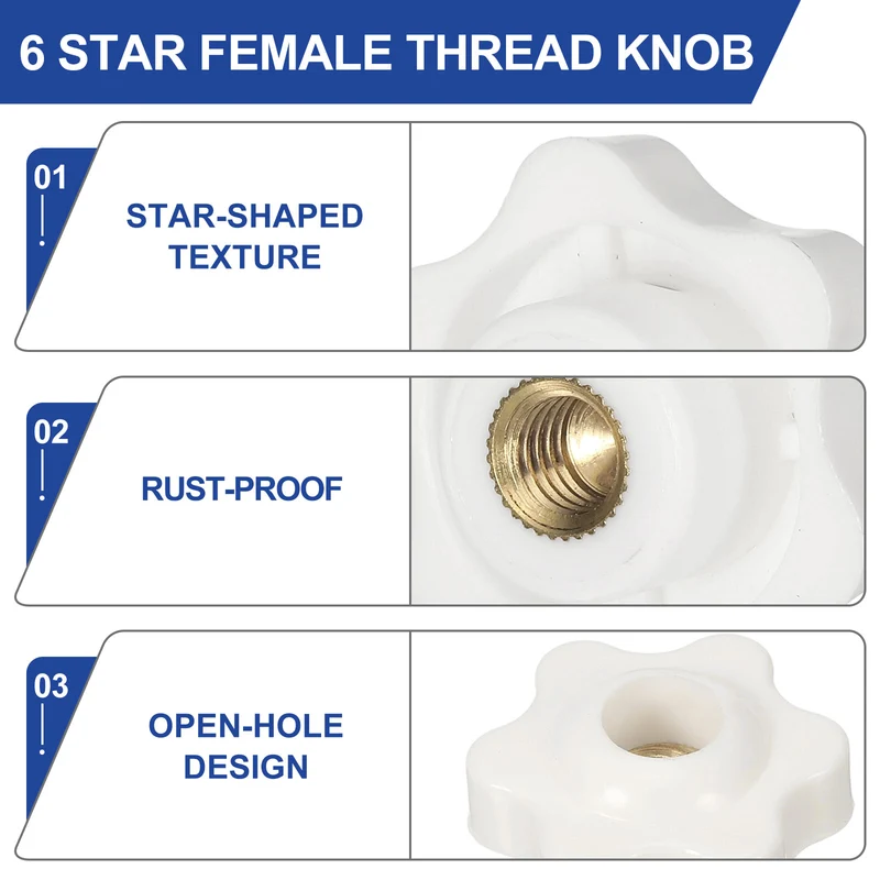 M6 x 38mm Thread Star Knobs, 4 Pcs Knurled Clamping Knob Handle, White