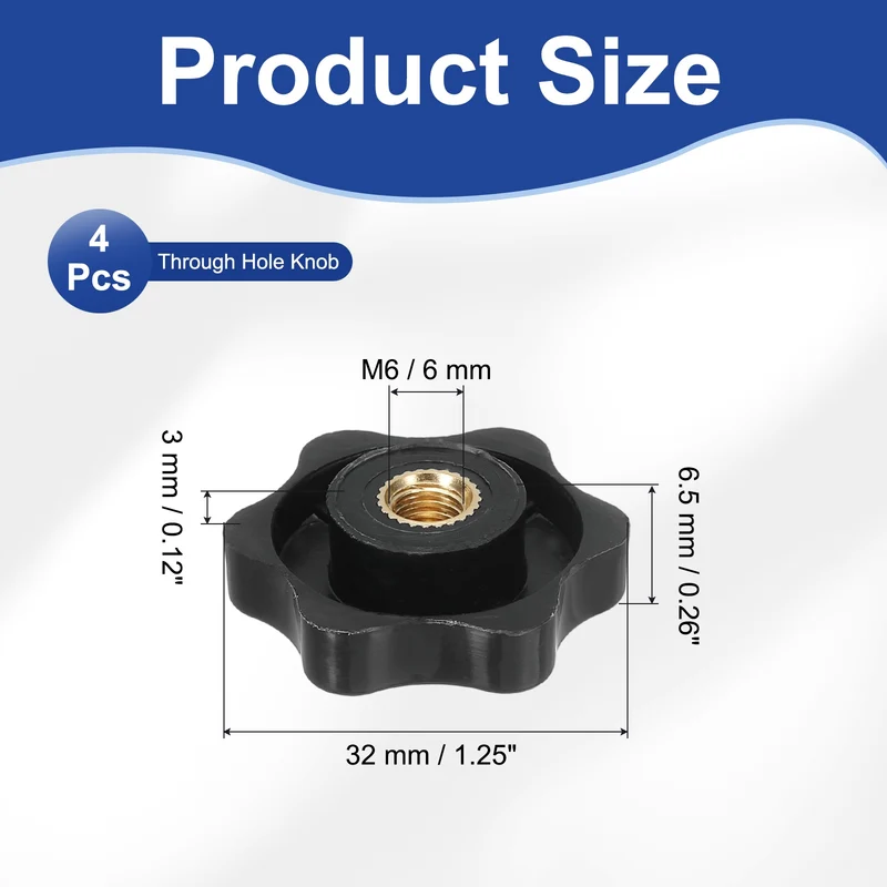 M6 x 32mm Thread Star Knobs, 4 Pcs Knurled Clamping Knob Handle, Black