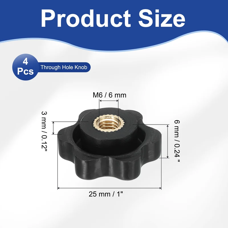 M6 x 25mm Thread Star Knobs, 4 Pcs Knurled Clamping Knob Handle, Black