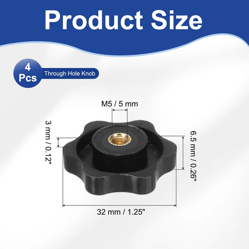 M5 x 32mm Thread Star Knobs, 4 Pcs Knurled Clamping Knob Handle, Black