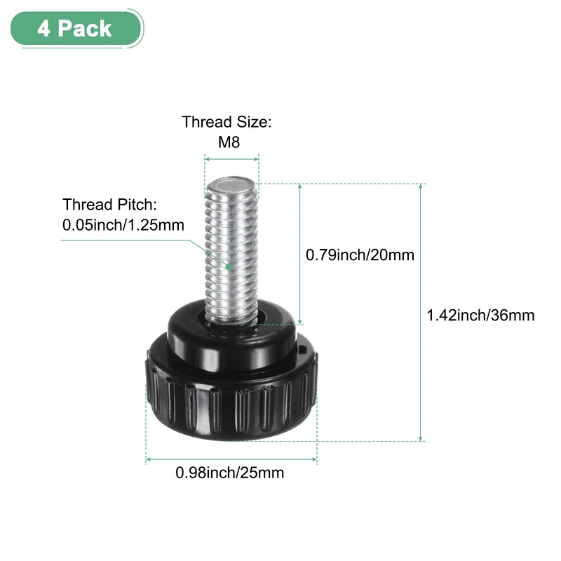 4-Pack Knurled Clamping Knobs, M8x20mm Male Thread Thumbscrew, Carbon Steel