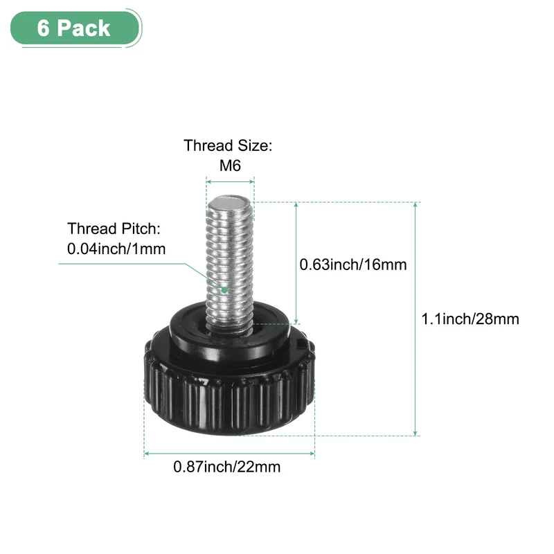 6-Pack Knurled Clamping Knobs, M6x16mm Male Thread Thumbscrew, Carbon Steel