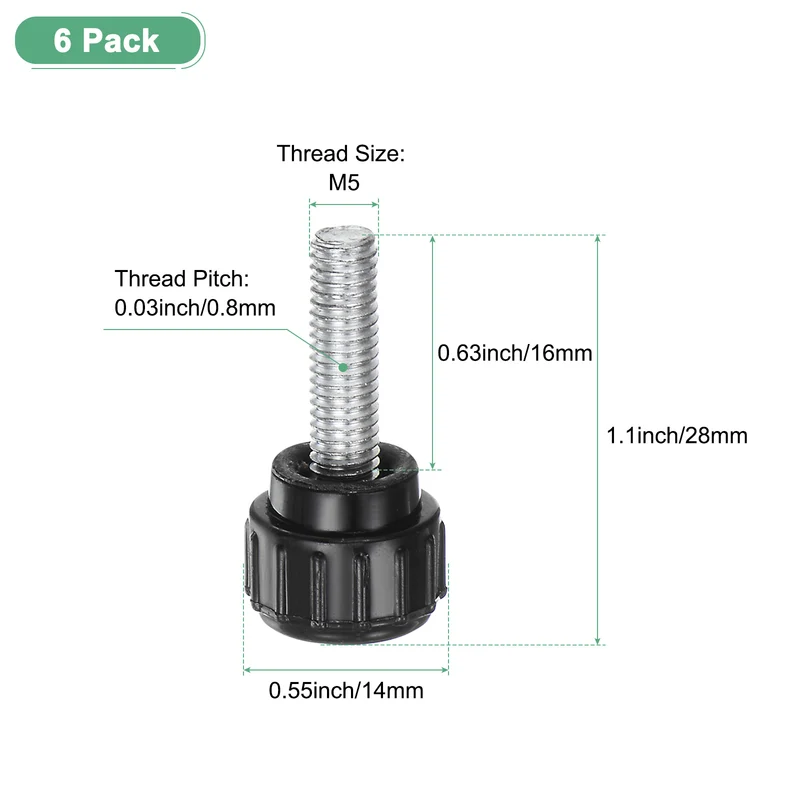 6-Pack Knurled Clamping Knobs, M5x16mm Male Thread Thumbscrew, Carbon Steel