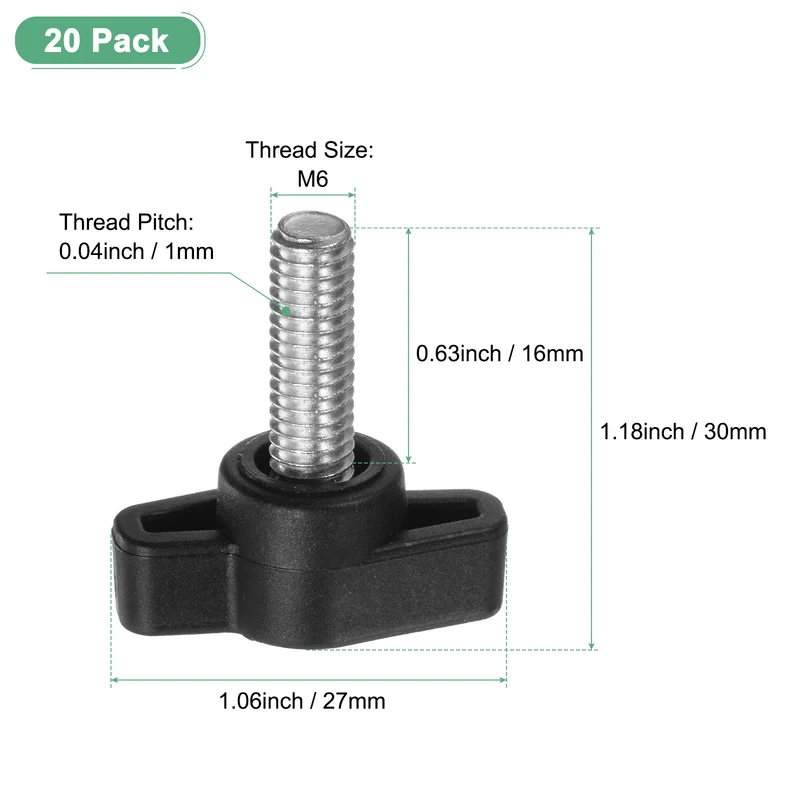 20-Pack Thumb Screws, M6x16mm Tee Wing Knobs, 304 Stainless Steel T Handles Knob