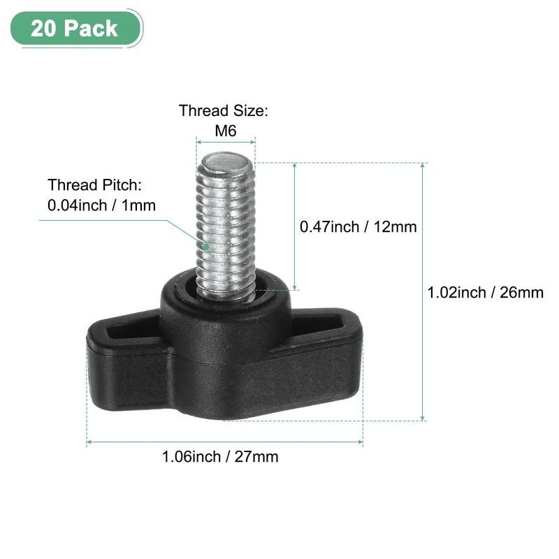 20-Pack Thumb Screws, M6x12mm Tee Wing Knobs, Carbon Steel T Handles Knob