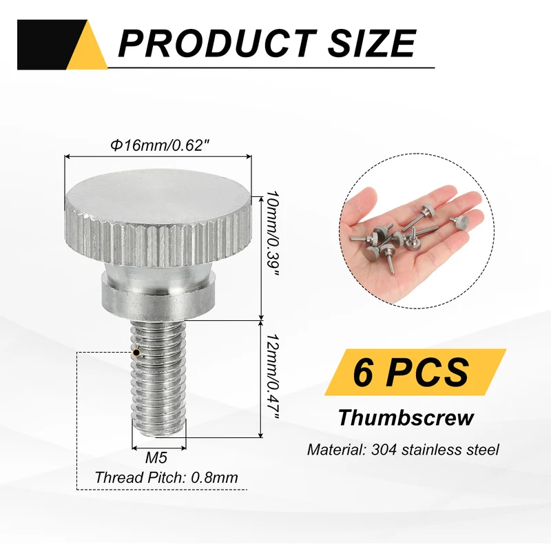 6 PCS M5 x 12mm Flat Knurled Head Thumb Screws for Household Appliances