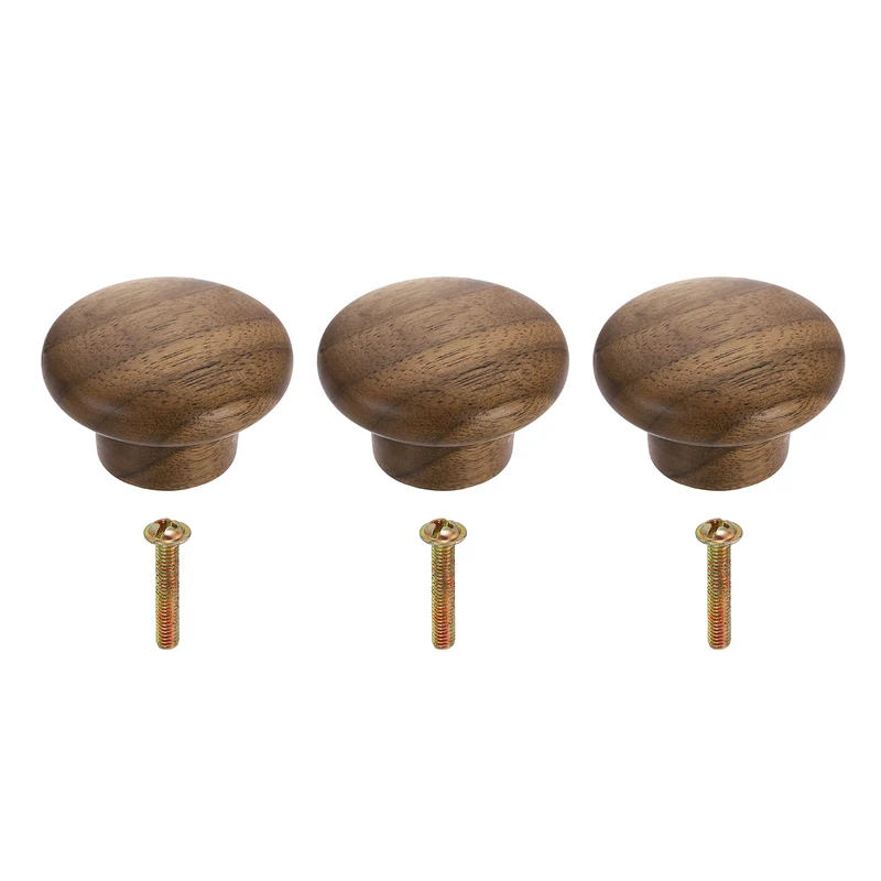 3Pcs 1.57" Round Head Round Wood Drawer Knob with Screws, Walnut