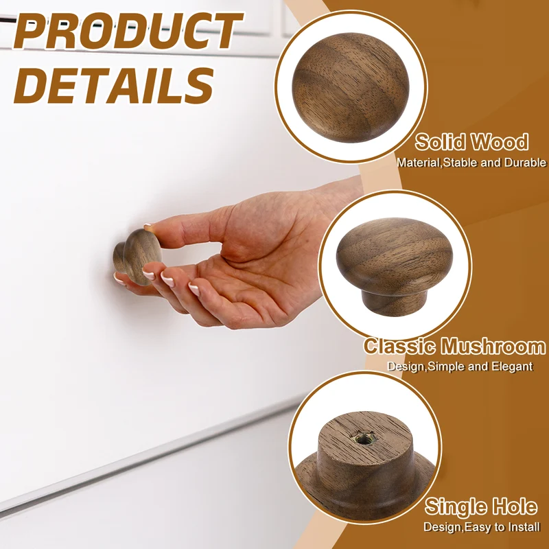 3Pcs 1.57" Round Head Round Wood Drawer Knob with Screws, Walnut