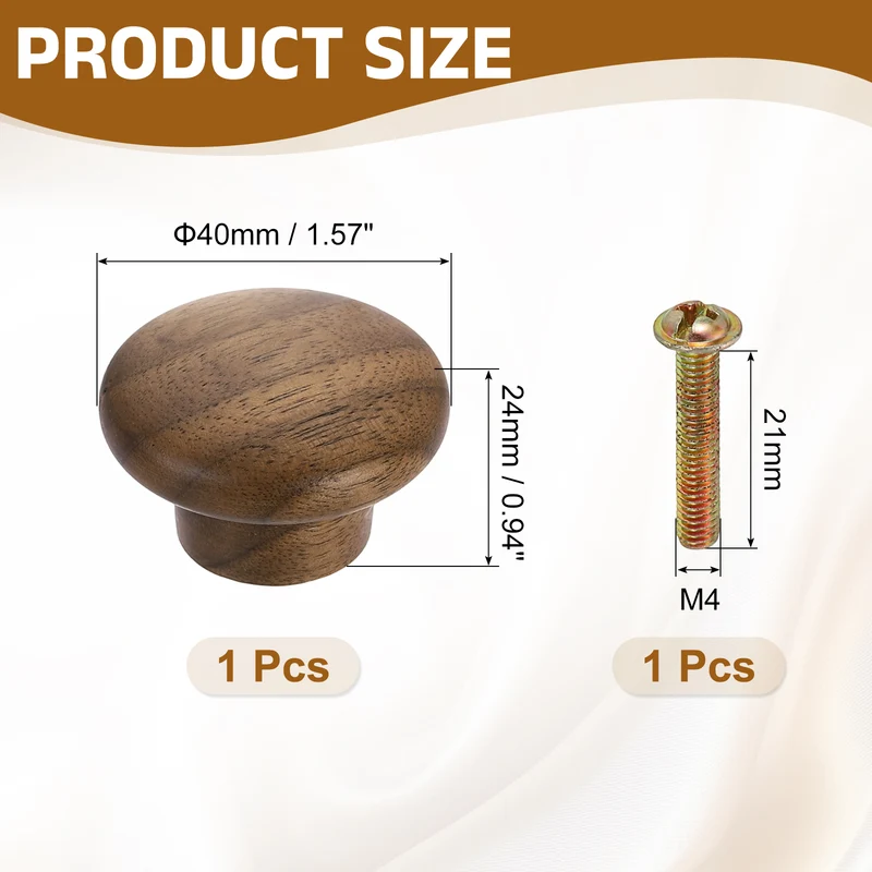 1.57" Round Head Round Wood Drawer Knob with Screws, Walnut