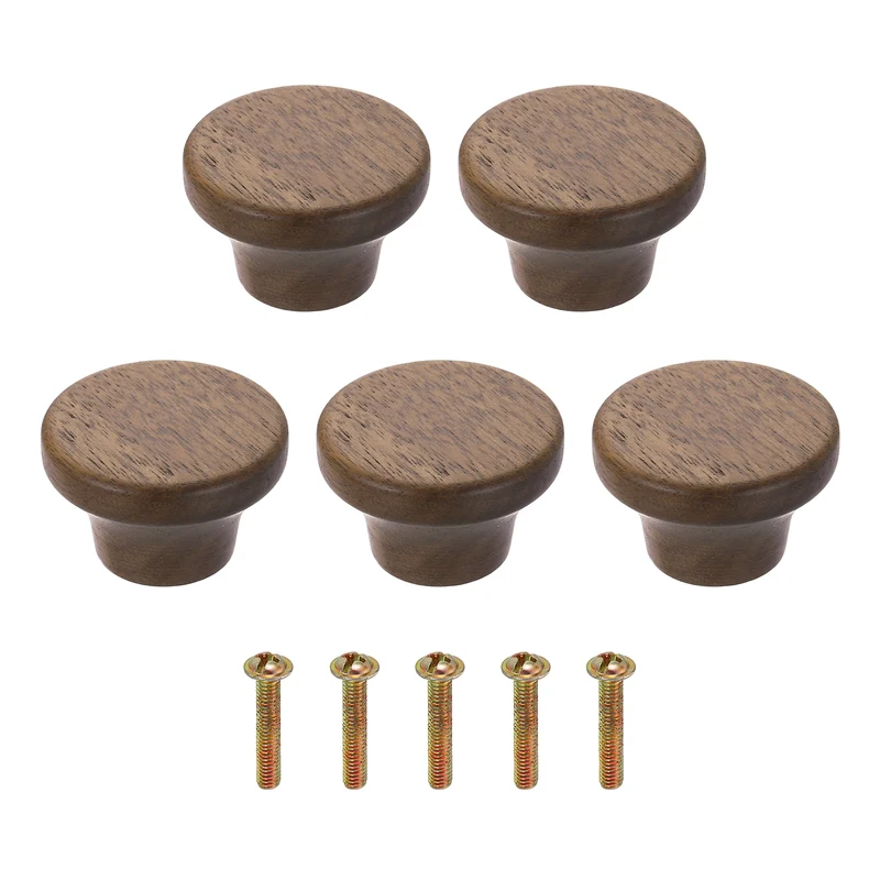 5Pcs 1.57" Flat Head Round Wood Drawer Knob with Screws, Walnut