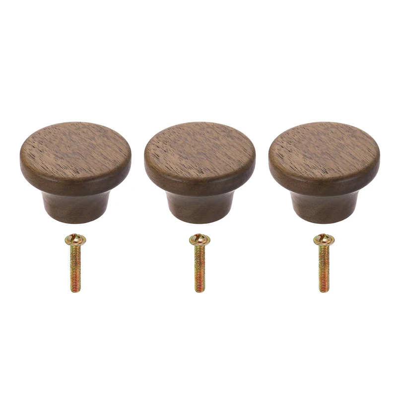 3Pcs 1.57" Flat Head Round Wood Drawer Knob with Screws, Walnut