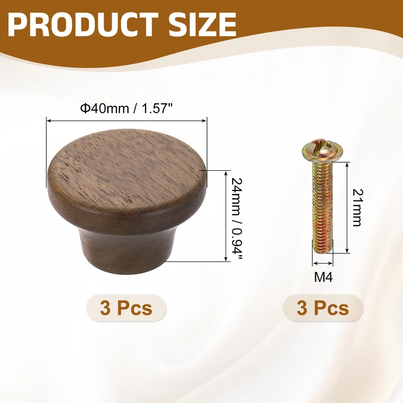 3Pcs 1.57" Flat Head Round Wood Drawer Knob with Screws, Walnut