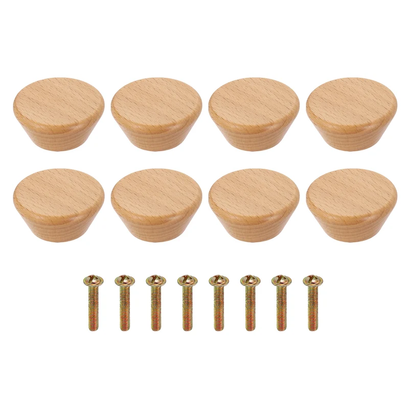 8Pcs 1.77" Flat Head Round Wood Drawer Knob with Screws, Beech Color