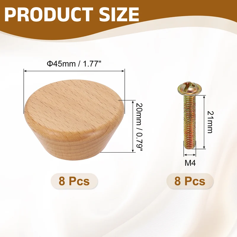8Pcs 1.77" Flat Head Round Wood Drawer Knob with Screws, Beech Color
