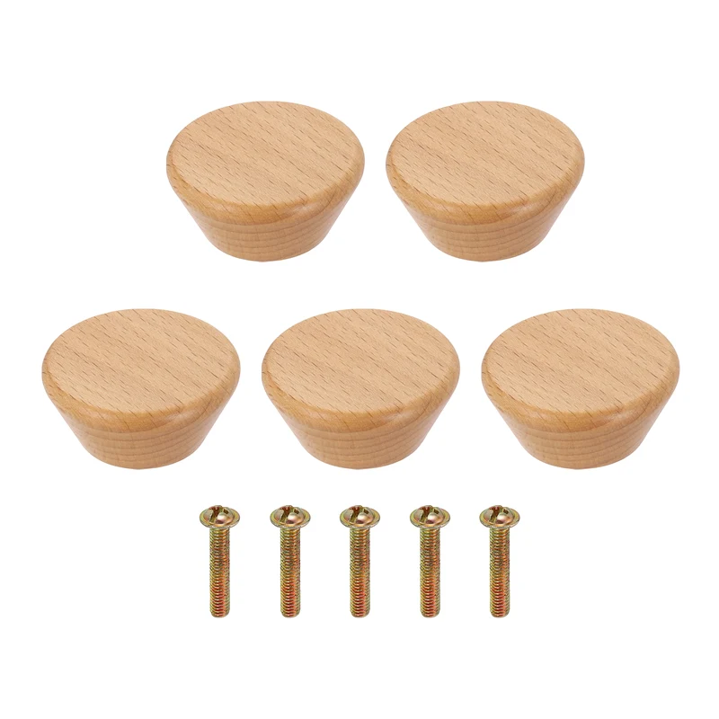 5Pcs 1.77" Flat Head Round Wood Drawer Knob with Screws, Beech Color