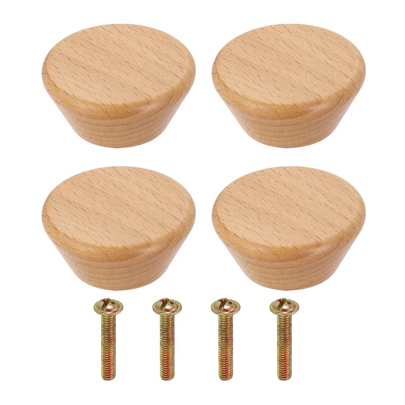 4Pcs 1.77" Flat Head Round Wood Drawer Knob with Screws, Beech Color