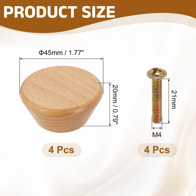 4Pcs 1.77" Flat Head Round Wood Drawer Knob with Screws, Beech Color