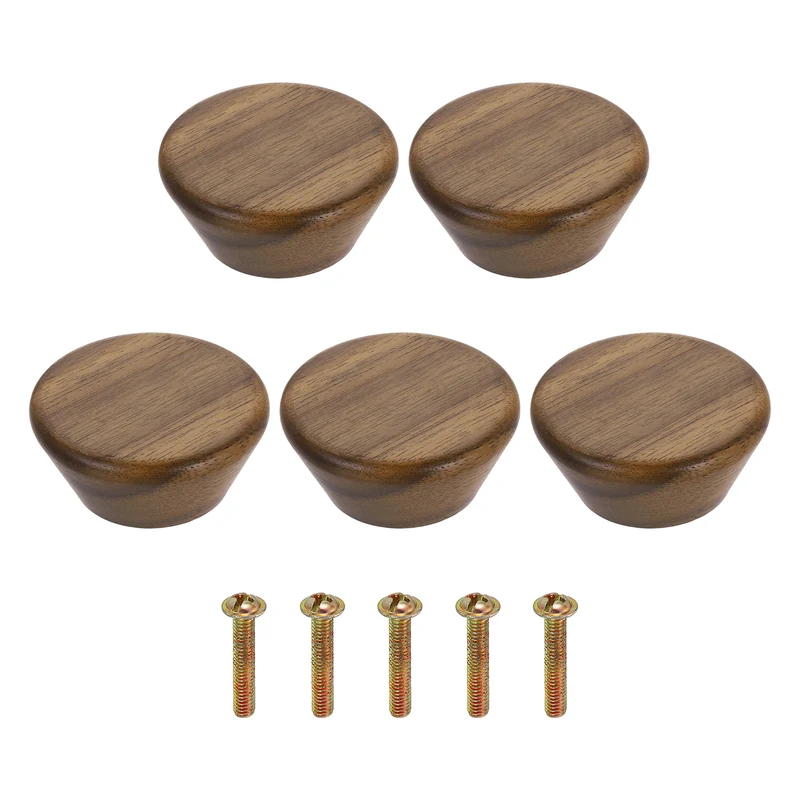 5Pcs 1.77" Flat Head Round Wood Drawer Knob with Screws, Walnut