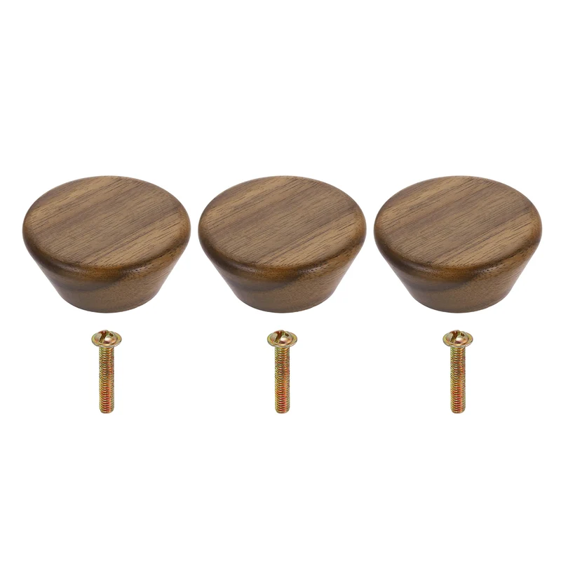 3Pcs 1.77" Flat Head Round Wood Drawer Knob with Screws, Walnut