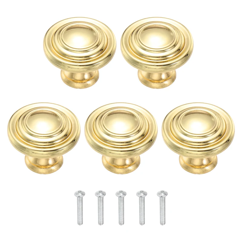 5Pcs Solid Round Drawer Knobs, 1.3" Zinc Alloy Drawer Pulls with Screw, Gold