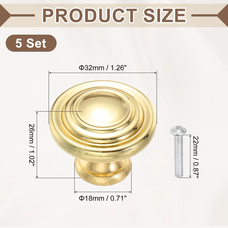 5Pcs Solid Round Drawer Knobs, 1.3" Zinc Alloy Drawer Pulls with Screw, Gold