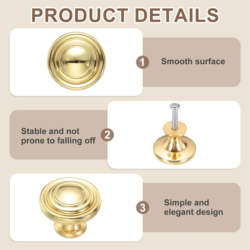 Solid Round Drawer Knobs, 1.3" Zinc Alloy Drawer Pulls with Screw, Gold