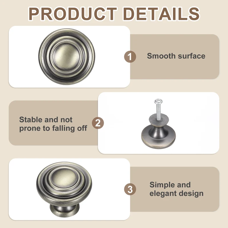 2Pcs Solid Round Drawer Knobs, 1.3" Zinc Alloy Drawer Pulls with Screw, Bronze