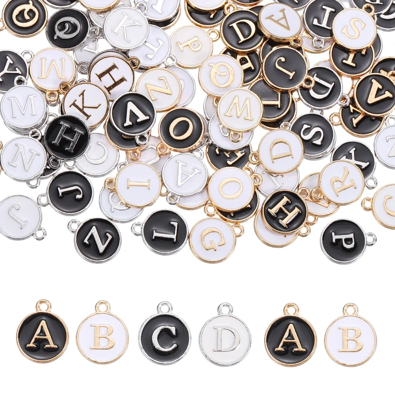 104 Pcs Letter Initial A-Z Round Letter Charm(White/Black Gold/Silver Trim)