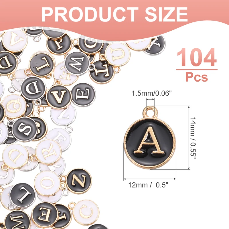 104 Pcs Letter Initial A-Z Round Letter Charm(White/Black Gold/Silver Trim)