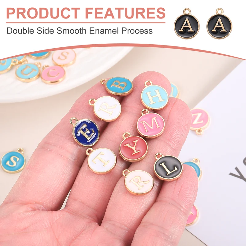 104 Pcs Letter Initial A-Z Round Letter Charm(White/Black Gold/Silver Trim)
