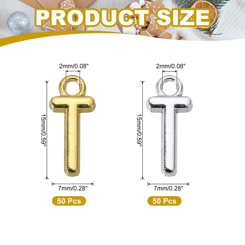0.3" Letter Charm A-Z for Jewelry Making - T (100 Pack, Dark Silver/Gold)