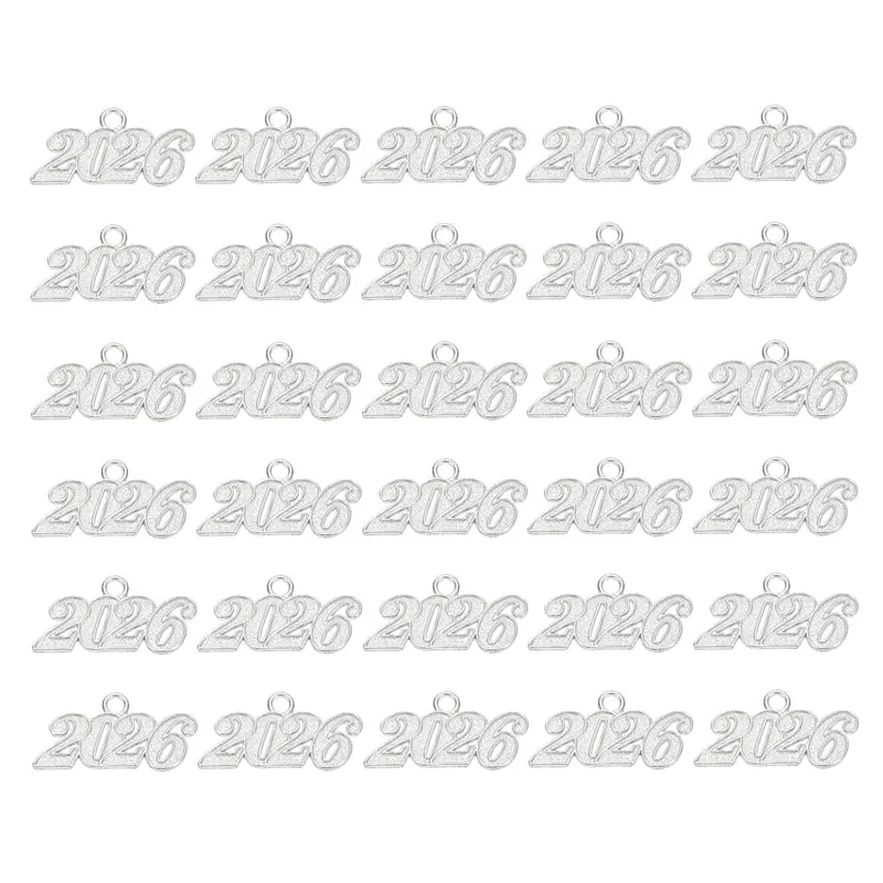 2026 Graduation Tassel Charm, 30 Pcs Alloy Year Medium Letter Charm, Silver