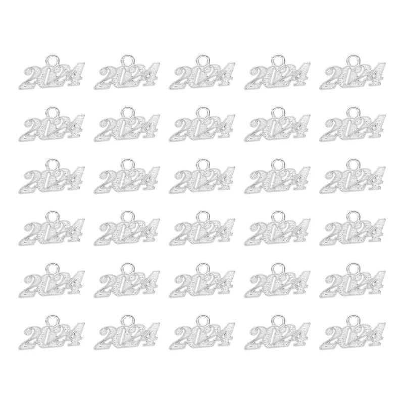 2024 Graduation Tassel Charm, 30 Pcs Alloy 2024 Year Small Letter Charm, Silver