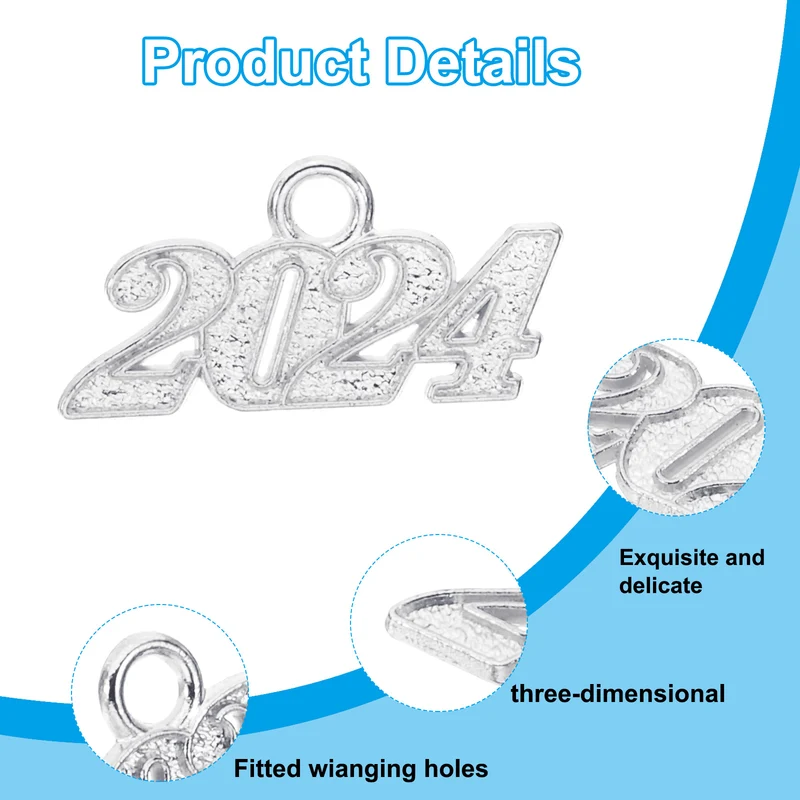 2024 Graduation Tassel Charm, 30 Pcs Alloy 2024 Year Small Letter Charm, Silver