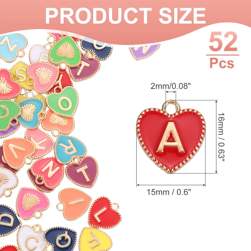 52 Pcs Letter Initial Charm A-Z Heart Letter Charm(Multicolor)