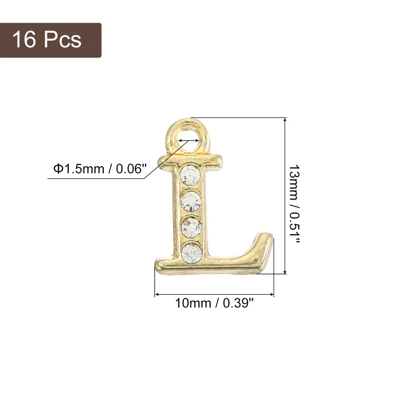 Rhinestone Letter Charm, 16pcs 1.5mm Metal L Letter Charm, Gold