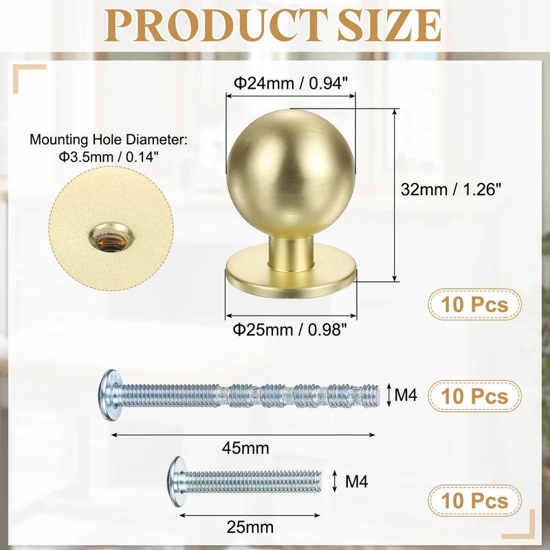 10Pcs 15/16" (24mm) Aluminum Round Cabinet Dresser Knobs Brushed Gold