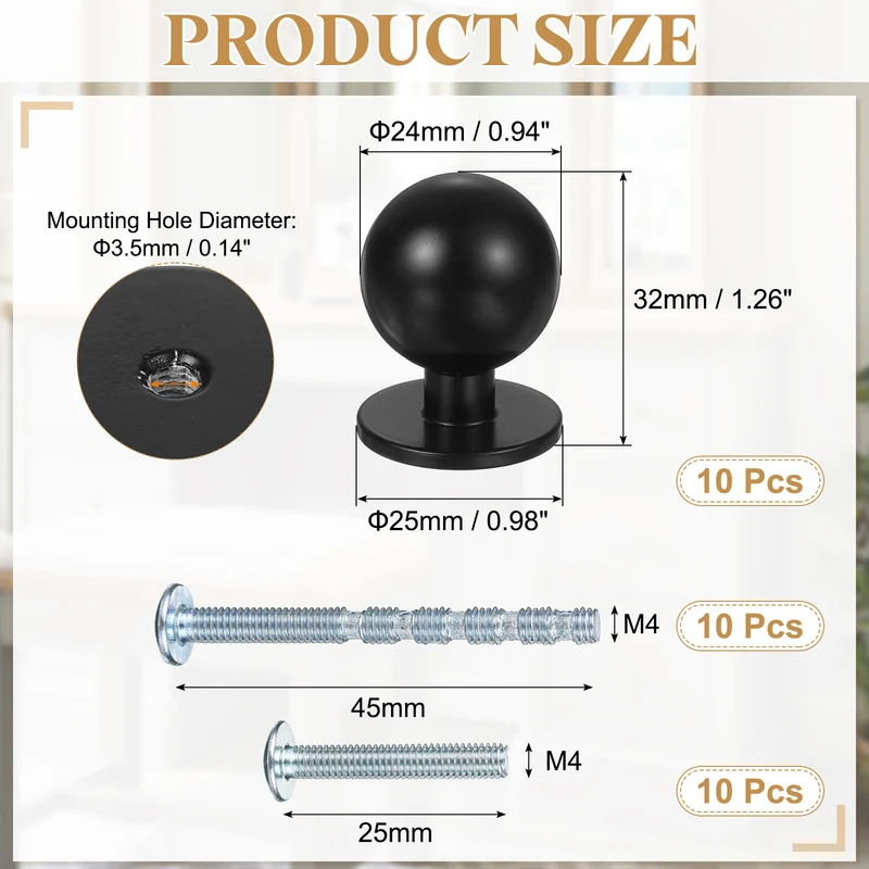 10Pcs 15/16" (24mm) Aluminum Round Cabinet Dresser Knobs Matte Black