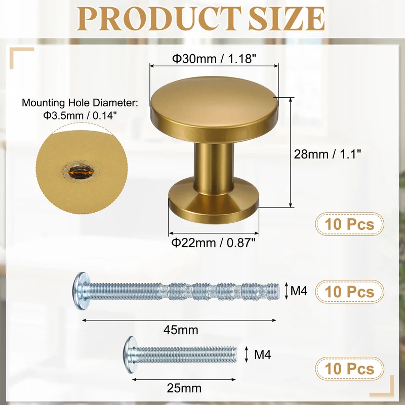 10Pcs 1-1/5" (30mm) Zinc Alloy Round Cabinet Dresser Knobs Champagne Copper