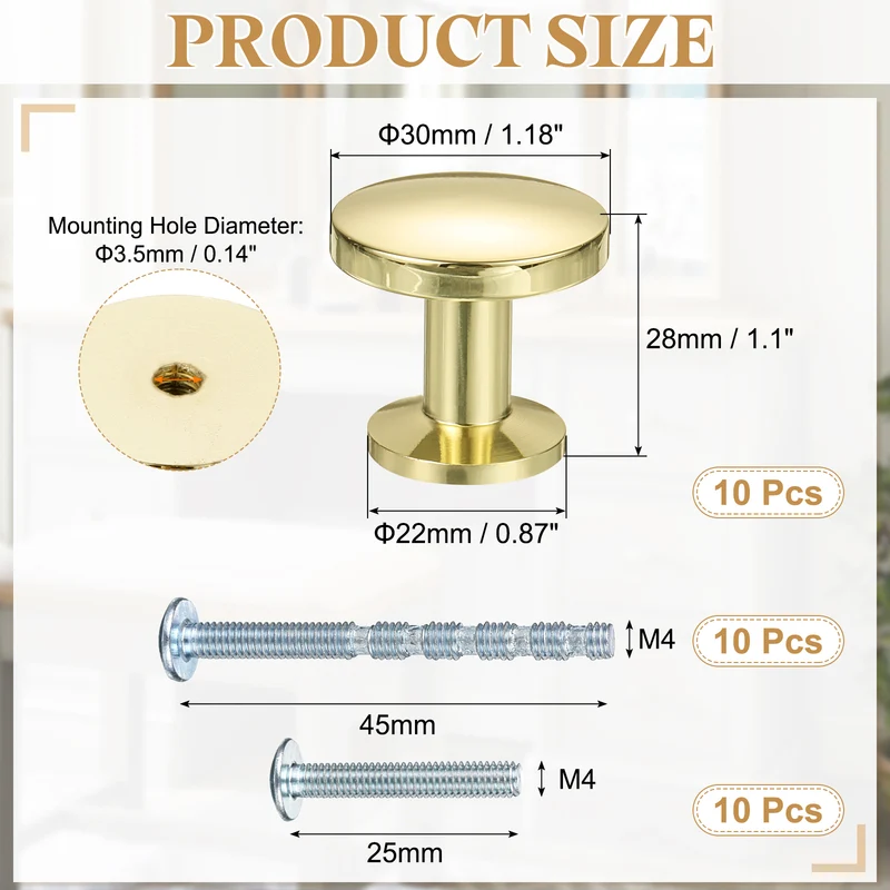 10Pcs 1-1/5" (30mm) Zinc Alloy Round Cabinet Dresser Knobs Gold