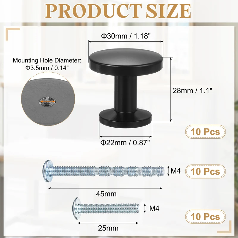 10Pcs 1-1/5" (30mm) Zinc Alloy Round Cabinet Dresser Knobs Matte Black